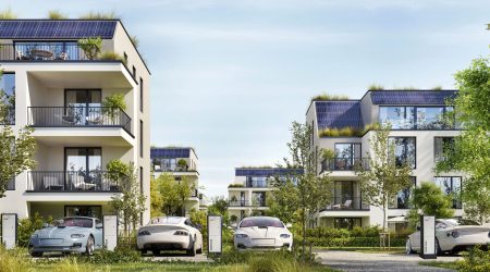 Modern residential buildings with solar panels.  Low-energy hous